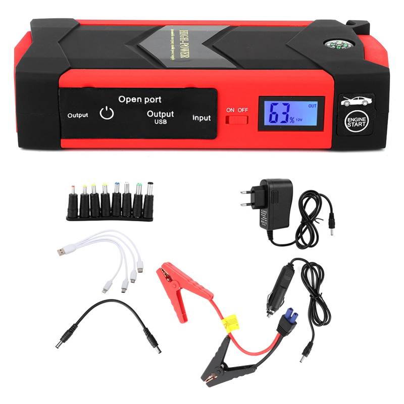 Batterieladegerät Starthilfegeräte 12V 26000Mah für Autobatterien Autostart Netzteil Kfz Notstart Lampe Notebook Ladegerät Autobatterie Batterie Starthilfe Tragbares Rot 110V-240V (EU-Stecker) von Qiilu