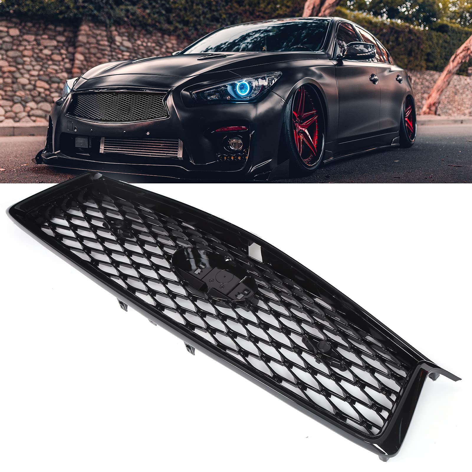 Frontstoßstangengrill, Schwarzglänzend für Eau Rouge Style Frontstoßstangengittergitter mit ACC-Ersatz für Q50 2018-2021 von Qiilu