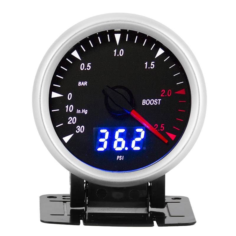 Qiilu Car Turbo Boost Gauge, 60 Mm / 2,5 Zoll 12 V Universal-LED-Anzeige ‑30‑2,5 BAR LED-Anzeigesteuerung von Qiilu