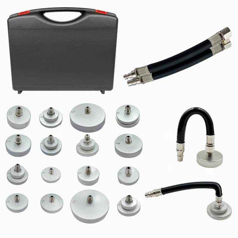 Qinbu 16 Stück Bremsenentlüftungsgerät Adapter Set, mit 2 Stück Europäische und Normale Standardbeschläge Schlauchlänge 200 mm, Aufbewahrungsbox, für Bremsenentlüfter Auto Bremsentlüftung von Qinbu