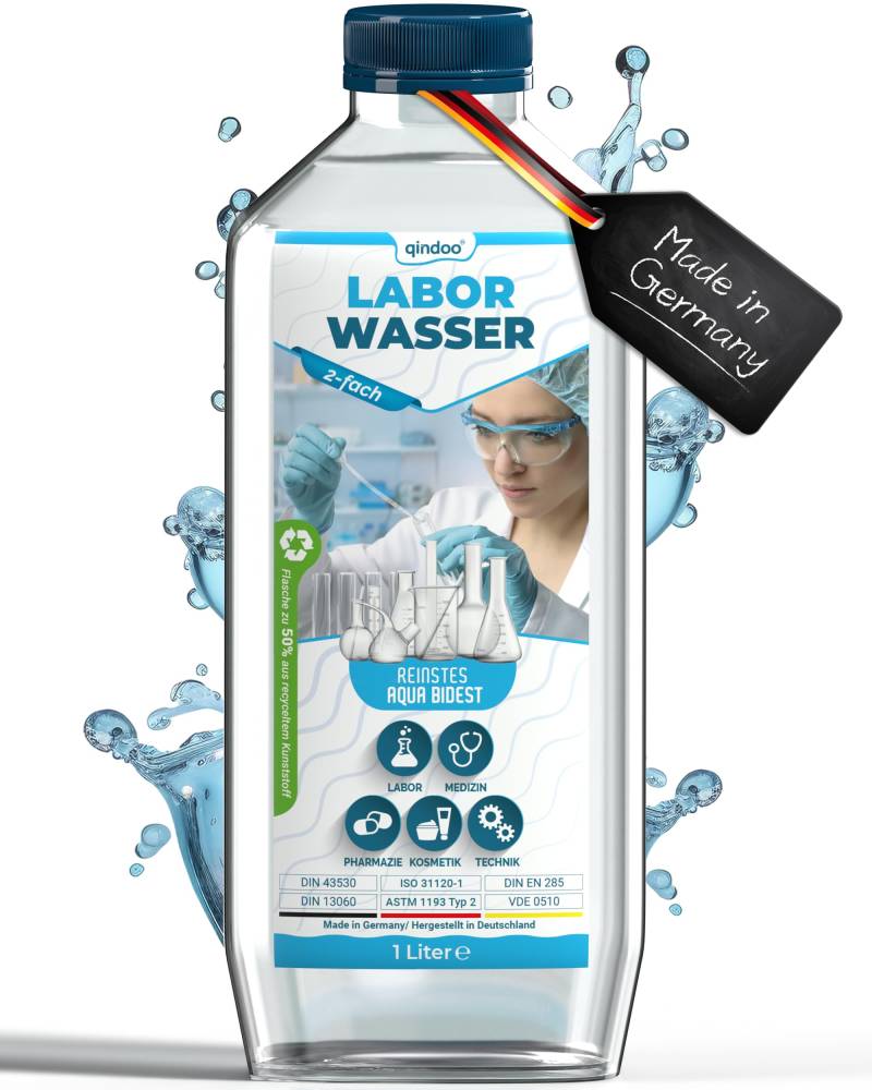 Qindoo Laborwasser, Aqua Bidest, Bidestilliertes Wasser Rein 2-Fach (1 Liter) von Qindoo