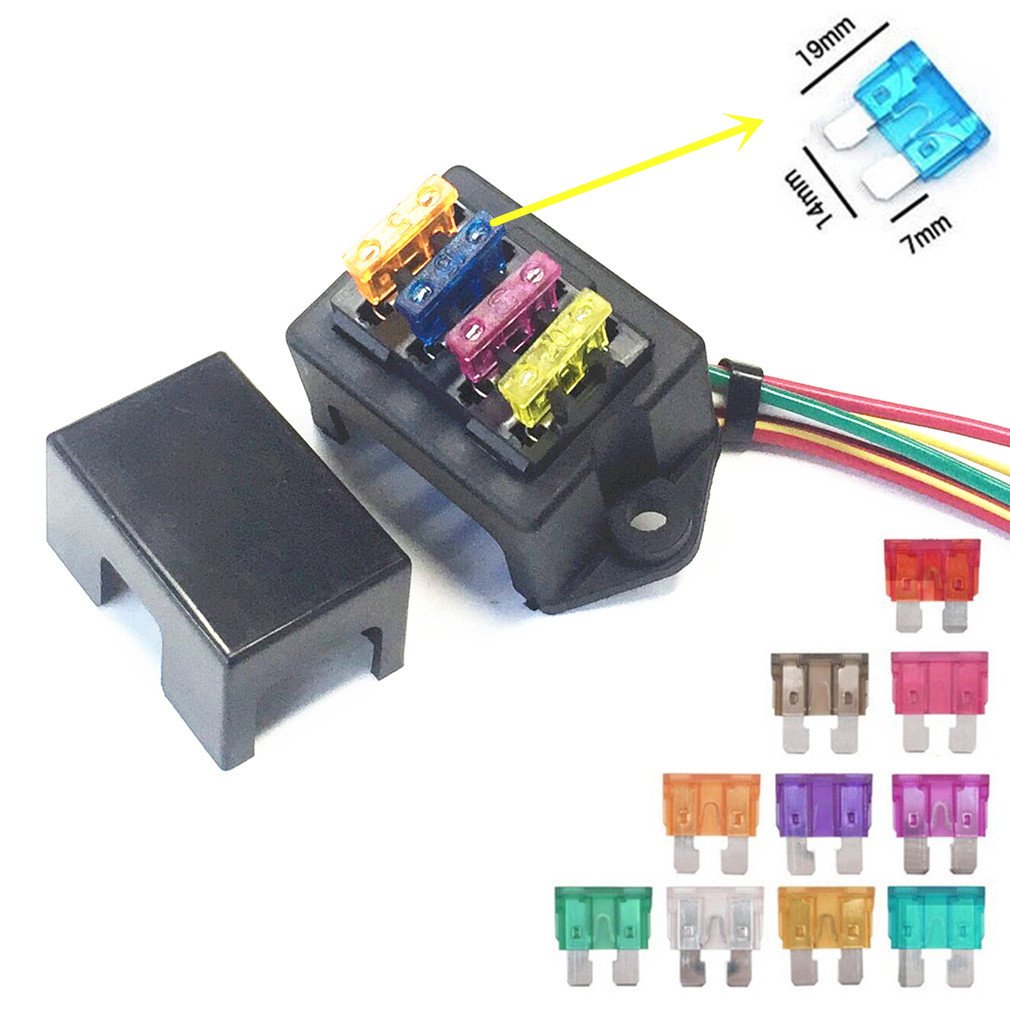 Qiorange 4-Fach Sicherungshalter, KFZ Standard Bsicherungsdose (Für 1~40 AMP), mit 10 Frei Sicherung (3A 5A 7.5A 10A 15A 20A 25A 30A 35A 40A), 2 Eingängen 4-Ouput Draht (Fuse Holder 4 Way) von Qiorange