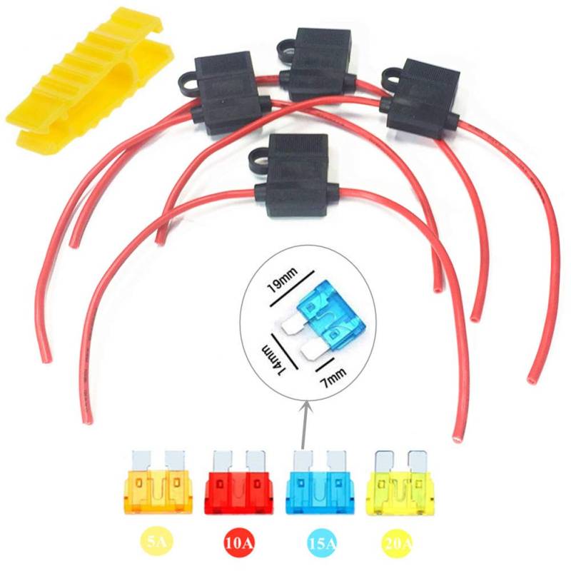 Qiorange 4 Stück wasserdicht Auto Sicherungshalter Inline Blade Fuse Holder mit voll vergossenem Gehäuse, M Größe 5A 10A 15A 20A Sicherung von Qiorange