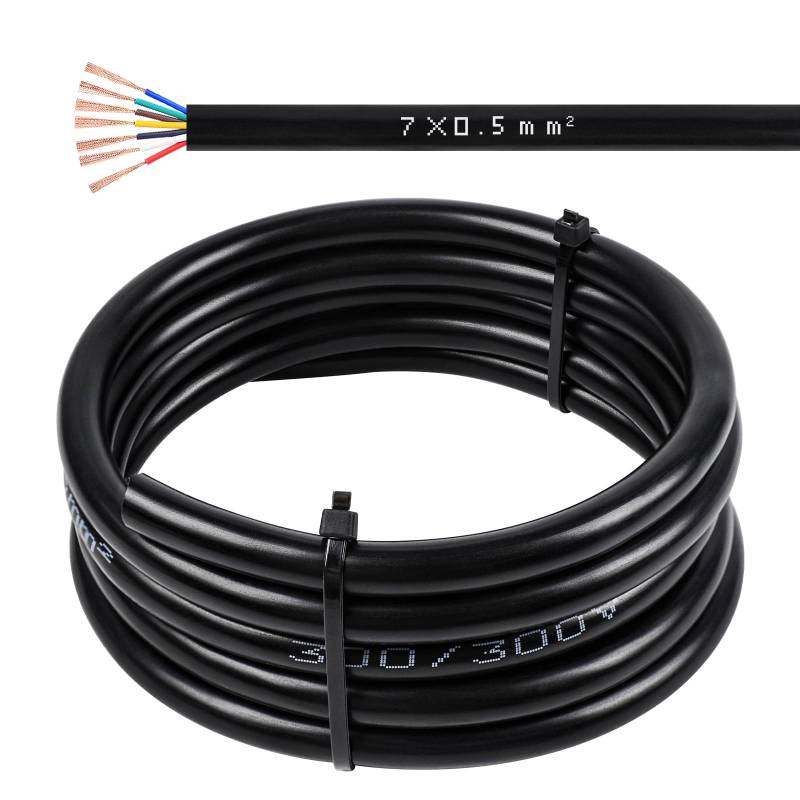 Qiping 10M 7-adriges Rund Kabel 0,5 mm² KFZ Flexibles Kabel 12V/24V/48V/60V Fahrzeugleitung Schwarz Ummantelter Draht für Auto-Anhänger Beleuchtung, LKW von Qiping