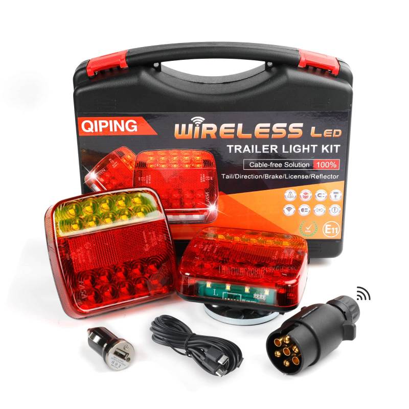 Qiping 12V Kabellos LED Rückleuchten Satz mit Magnet für KFZ Anhänger, 7 polig Drahtloser Rücklicht Magnetisches, Wiederaufladbar, Wasserdicht, E11, 10R-05 Genehmigt von Qiping