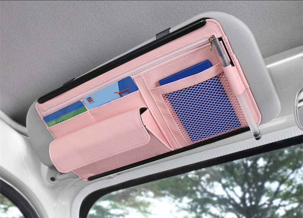 Qric Auto Sonnenblende Organizer, Leder Aufbewahrungstasche Sonnenblende Tasche für Karten Lizenz Registrierung Stift Brillen Dokument, passend für die meisten Auto SUV, LKW, Auto Zubehör (Pink) von Qirc