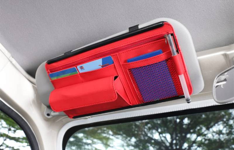 Qric Auto Sonnenblende Organizer, Leder Aufbewahrungstasche Sonnenblende Tasche für Karten Lizenz Registrierung Stift Brillen Dokument, passend für die meisten Auto SUV, LKW, Auto Zubehör (rot) von Qirc