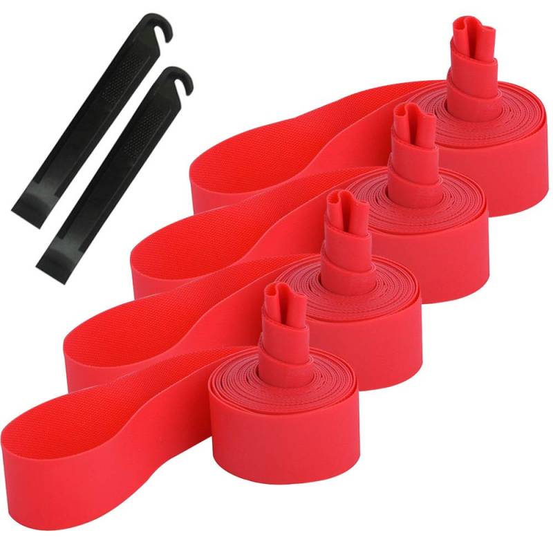 QitinDasen 4Pcs Premium PVC Fahrradreifen Felgenband, 700C Mountainbike Reifen Liner, Pannenschutz Felgenband mit 2Pcs Fahrrad Reifenheber (Rot) von QitinDasen