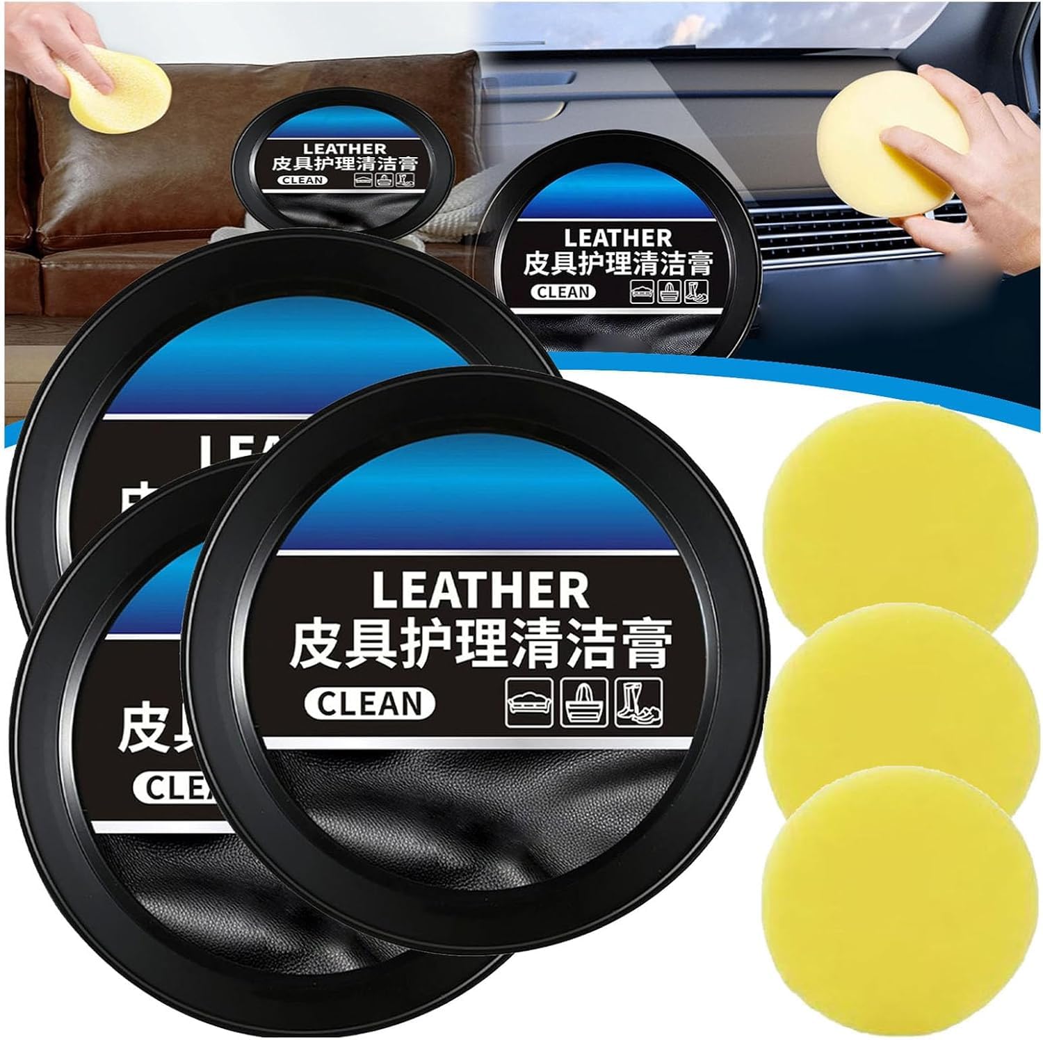 Qklovni Leder Reinigungs- und Pflegecreme & Reinigungspaste, Automobil-Innenleder-Reinigungscreme, Auto-Leder-Conditioner-Ölpaste, Leder-Reparatur-Set für Auto-Möbel (3 Stück) von Qklovni