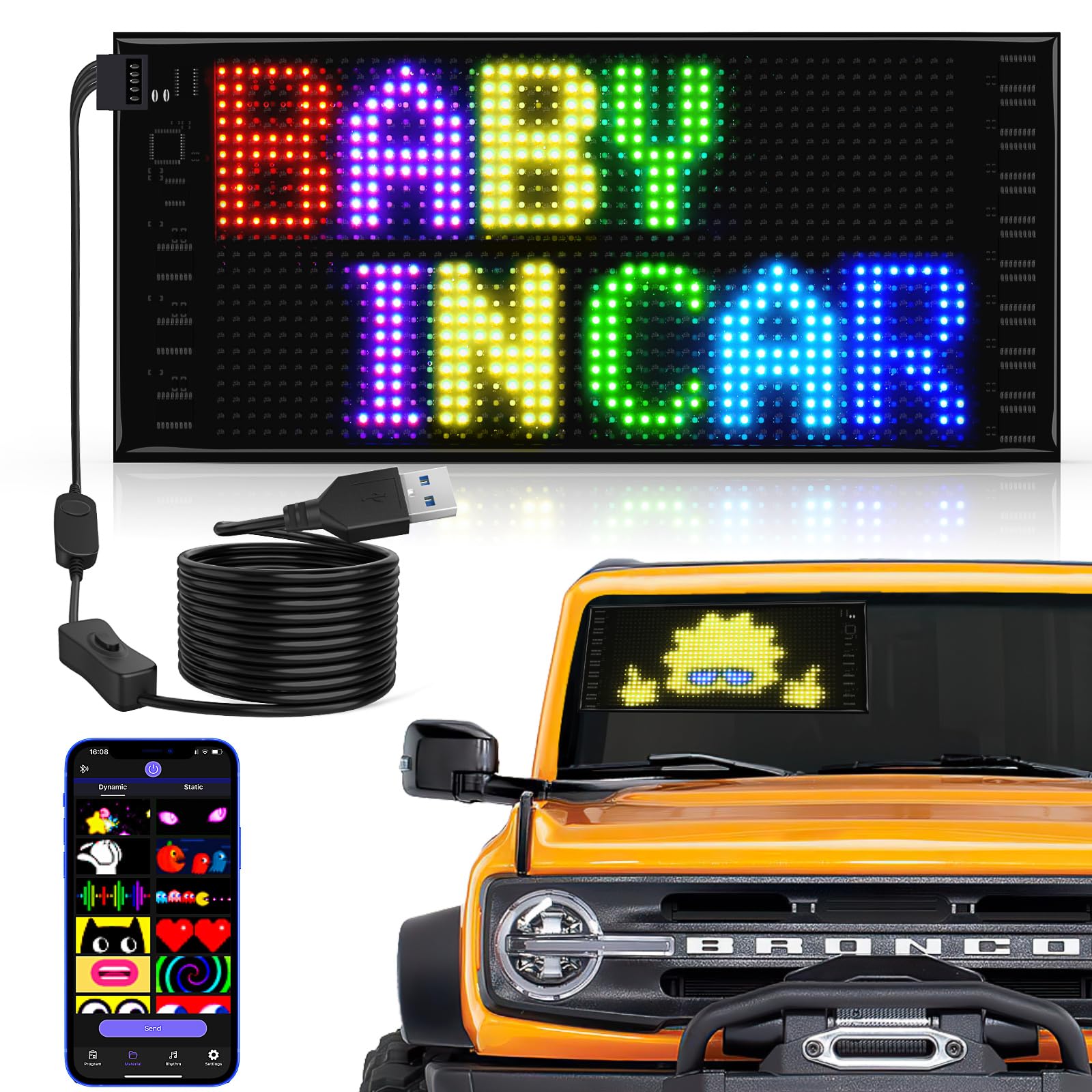 Doppelreihig Scrollen Led Anzeigetafel, 27x12cm Led Anzeige Programmierbar, Led Laufschrift, Leuchtreklame Personalisiert Leuchtschild FüR Auto, LKW, Text, Graffiti, Smart App, Bluetooth, USB 5V/2A von Qnoavve