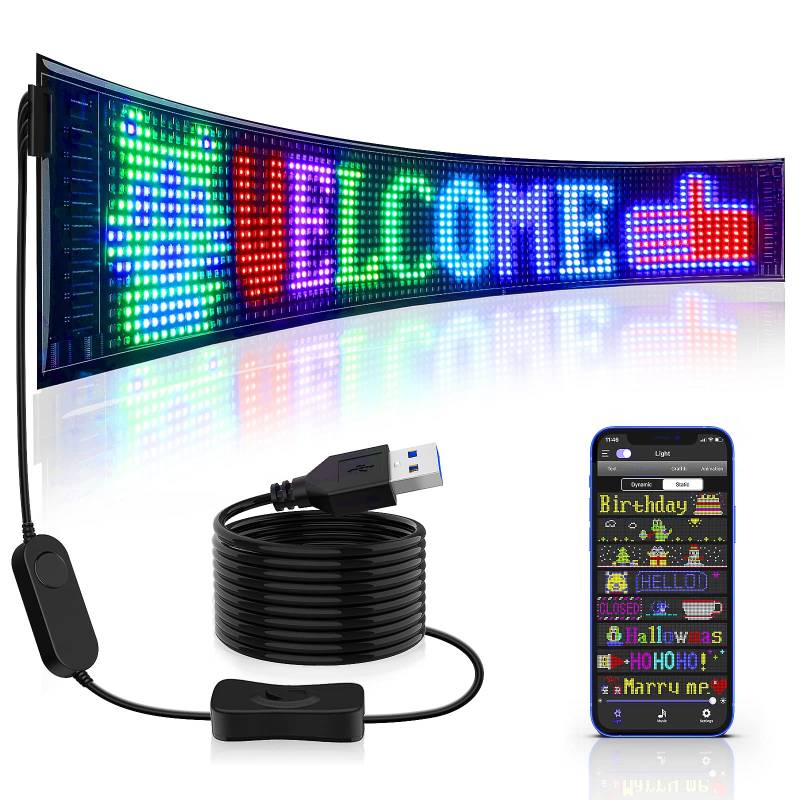 Qnoavve Flexible USB RGB LED Anzeige Board, 27“x5” Inch Bluetooth Smart App RGB LED Laufschrift Programmierbar Sign for Car, Shop, Bar, Graffiti, Text, Animation Anzeige von Qnoavve