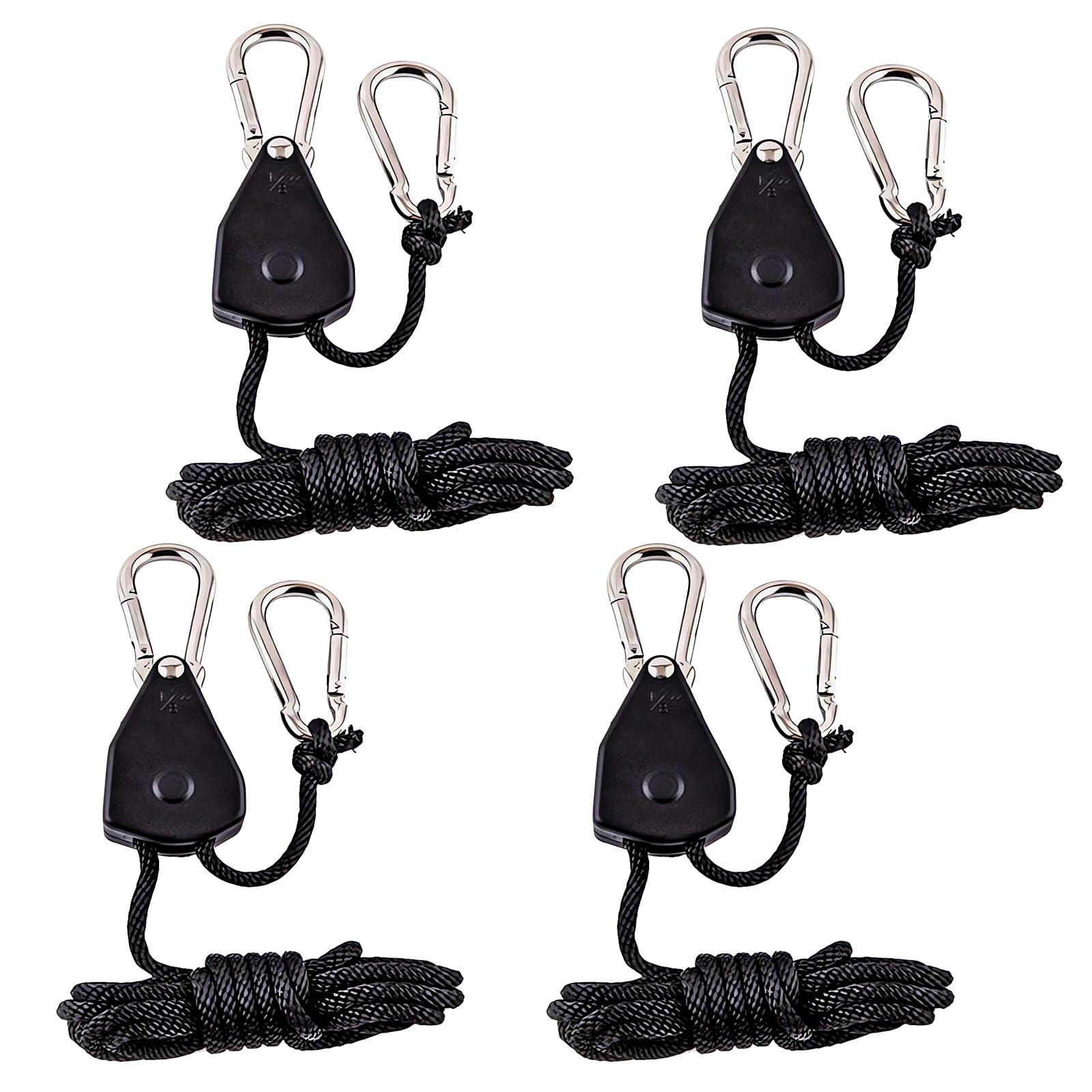 4 Stück Seil Ratsche mit Haken 1/8 Zoll Einstellbarer Hochleistungs Seilclip Aufhänger 150lb, Ratsche Seilratsche, einstellbare Wachsen Licht Ratchet Seil, Aufhänger Rope Ratchet, Nylon, Schwarz von Qooloo