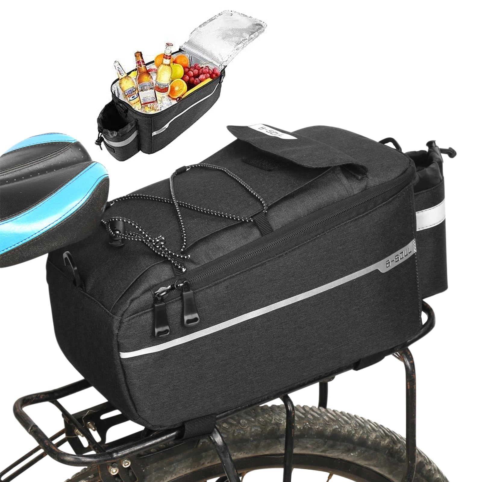 Qooloo Fahrradtaschen Gepäckträger 10L wasserdichte Lsoliertasche, 2-In-1 Reflektierende Gepäckträgertasche mit Tragegriff und Schultergurt 38x16x15,5cm, Schwarz von Qooloo