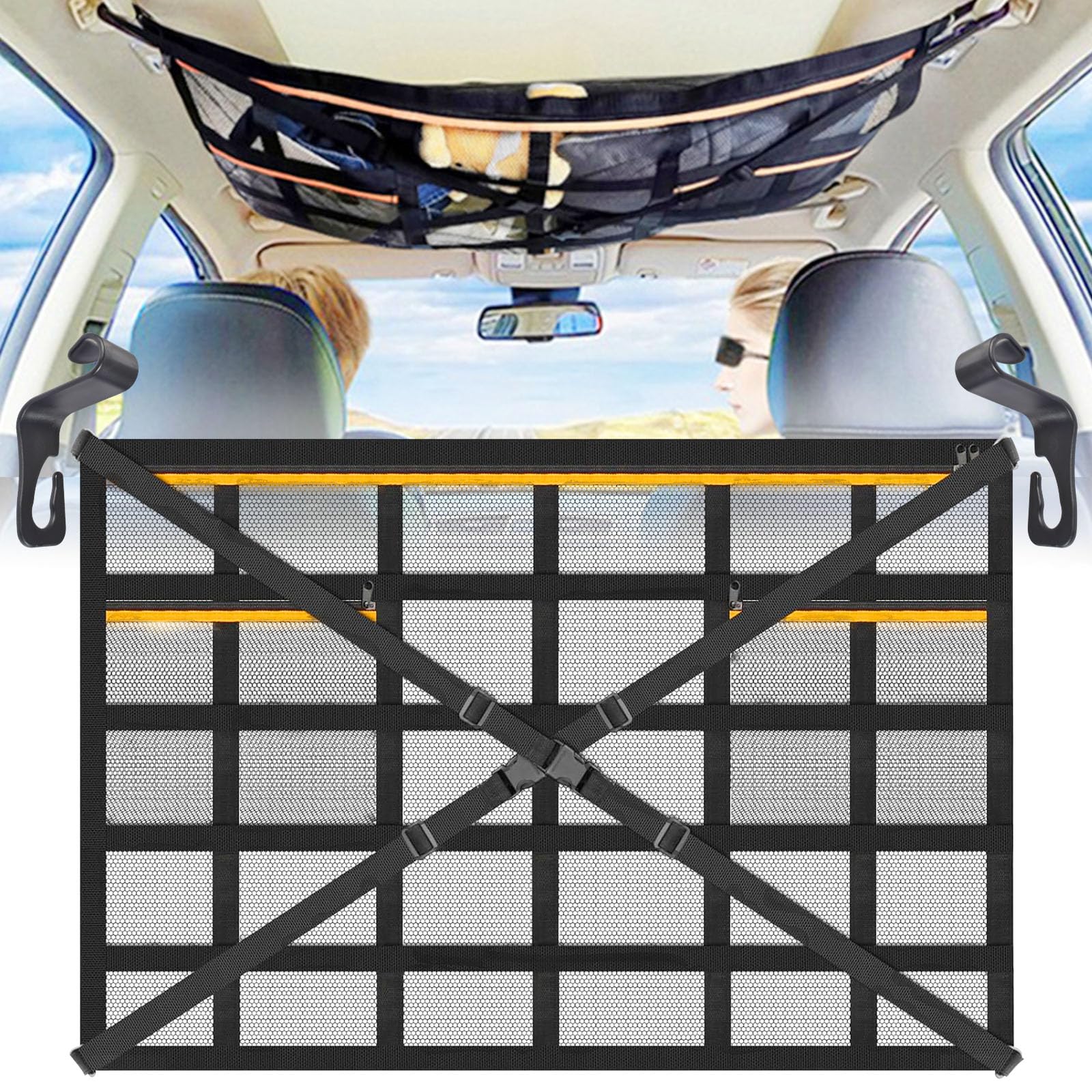 Qooloo Gepäcknetz Auto 90 × 65 cm Universal Aufbewahrungsnetz mit Verstellbare Kreuzgurte und 3 unabhängige Reißverschlusstaschen für Vier Dach Armlehnen Jeeps, Van, SUV von Qooloo