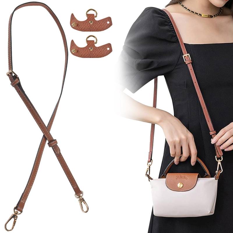 Qooloo Leder Schultergurt mit Metall Drehhaken No-Punch für Longchamp Le Pliage, Verstellbarer 92–117cm Universal Schulterriemen Brown Gold von Qooloo