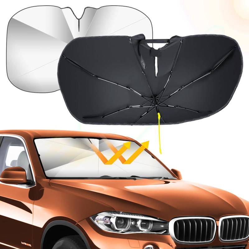 Qoosea Sonnenschutz Auto Frontscheibe, Faltbarer Sonnenschutz für Windschutzscheibe Regenschirm mit 360° Flexiblem Verstellbarer Stange, Universal Frontscheibenabdeckung Blockiert UV - 55 * 31 Zoll von Qoosea