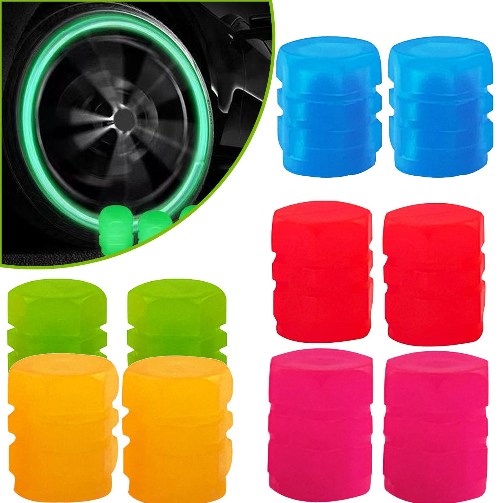 Qosigote Fluorescent Tire Valve Caps, Universal Fluorescent Car Tire Valve Caps,Glow In The Dark Tire Valve Caps,Light Up Valve Stem Caps, 20 Pack 5 Colors Glow In The Dark (10PCS) von Qosigote