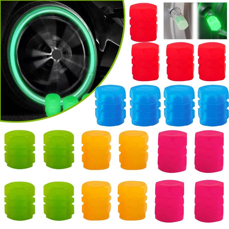 Qosigote Fluorescent Tire Valve Caps, Universal Fluorescent Car Tire Valve Caps,Glow In The Dark Tire Valve Caps,Light Up Valve Stem Caps, 20 Pack 5 Colors Glow In The Dark (20PCS) von Qosigote