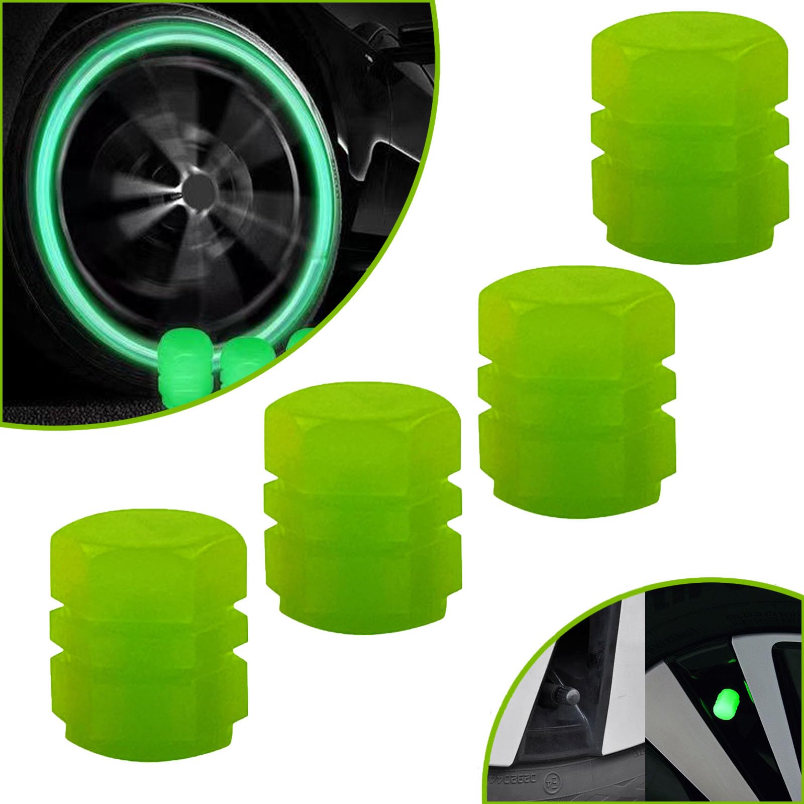 Qosigote Fluorescent Tire Valve Caps, Universal Fluorescent Car Tire Valve Caps,Glow In The Dark Tire Valve Caps,Light Up Valve Stem Caps, 20 Pack 5 Colors Glow In The Dark (4PCS Green) von Qosigote