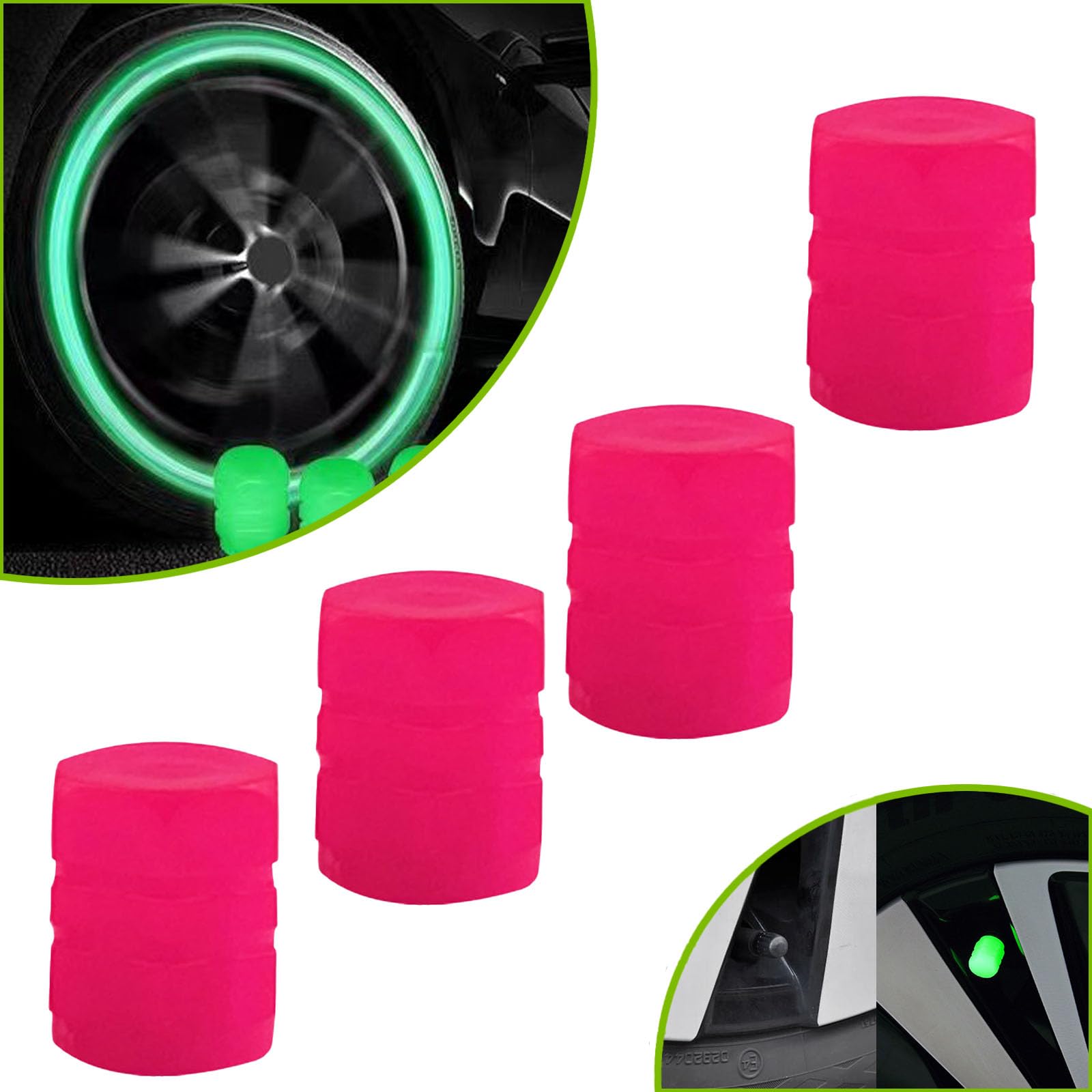 Qosigote Fluorescent Tire Valve Caps, Universal Fluorescent Car Tire Valve Caps,Glow In The Dark Tire Valve Caps,Light Up Valve Stem Caps, 20 Pack 5 Colors Glow In The Dark (4PCS Pink) von Qosigote