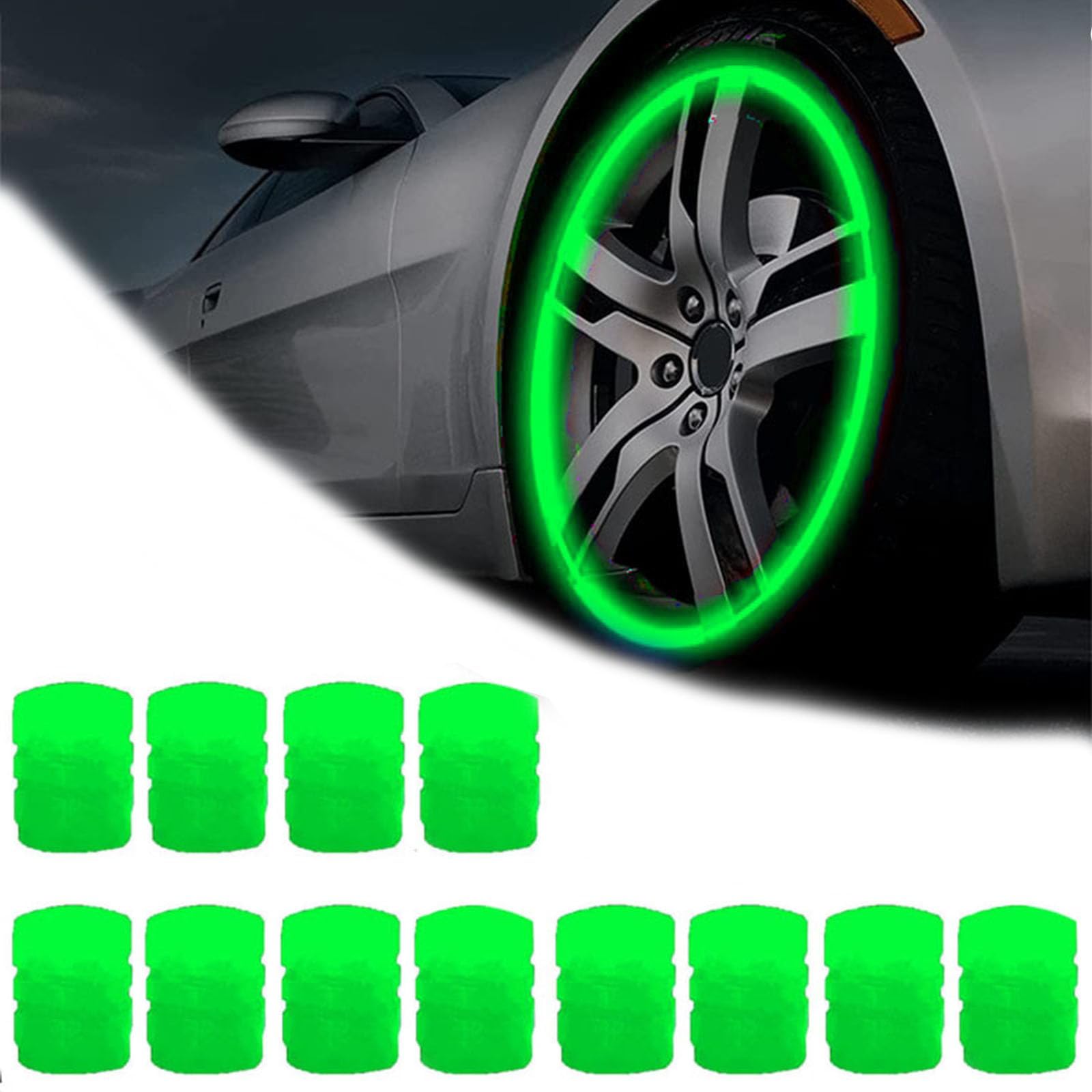 Qosigote Universal Fluorescent Tire Valve Caps, 2025 Upgraded Luminous Night Rider Valve Covers, Glow In The Dark Valve Cap for General Cars Motorbike Trucks Bicycle Decoration (Green,12PCS) von Qosigote