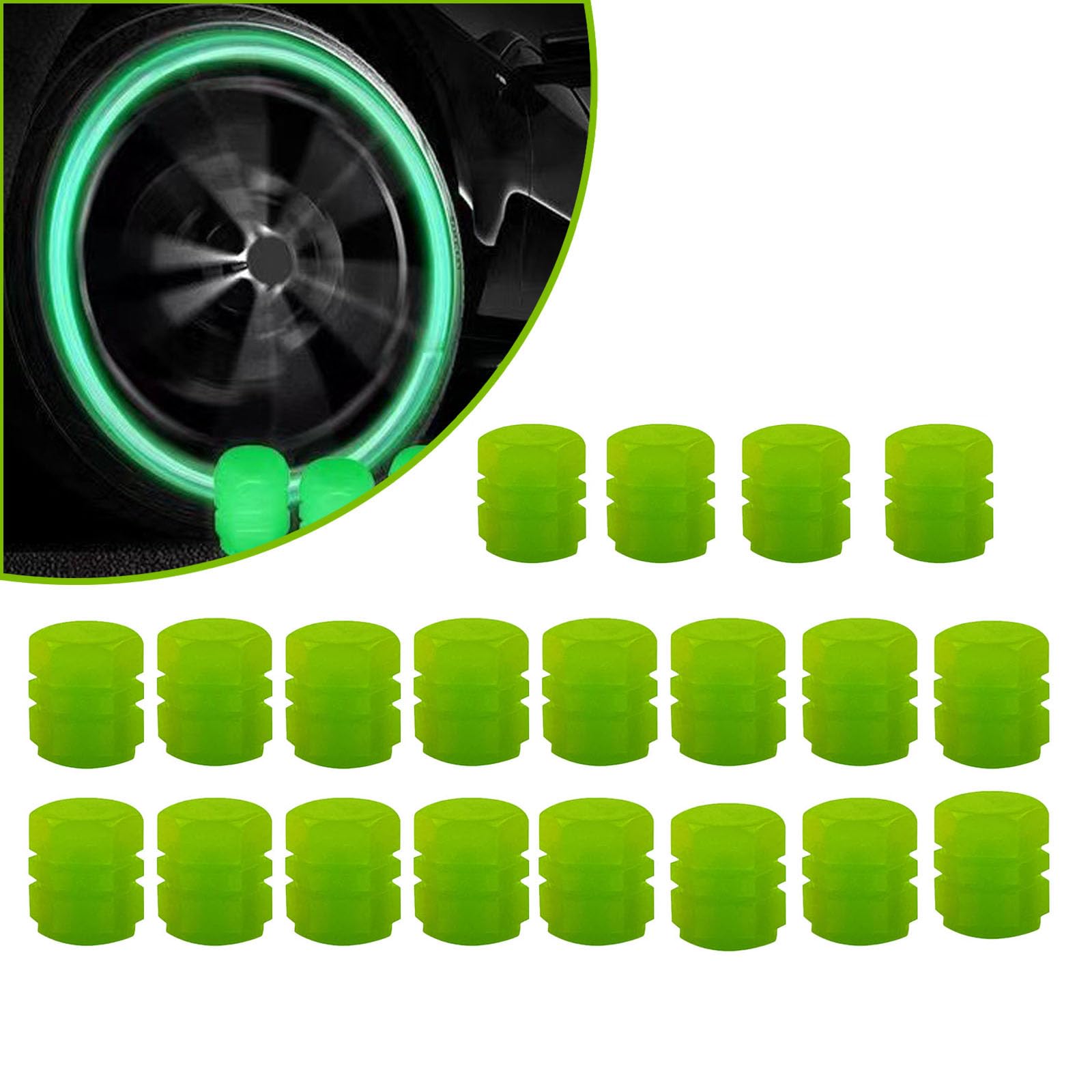 Qosigote Universal Fluorescent Tire Valve Caps, 2025 Upgraded Luminous Night Rider Valve Covers, Glow In The Dark Valve Cap for General Cars Motorbike Trucks Bicycle Decoration (Green,20PCS) von Qosigote