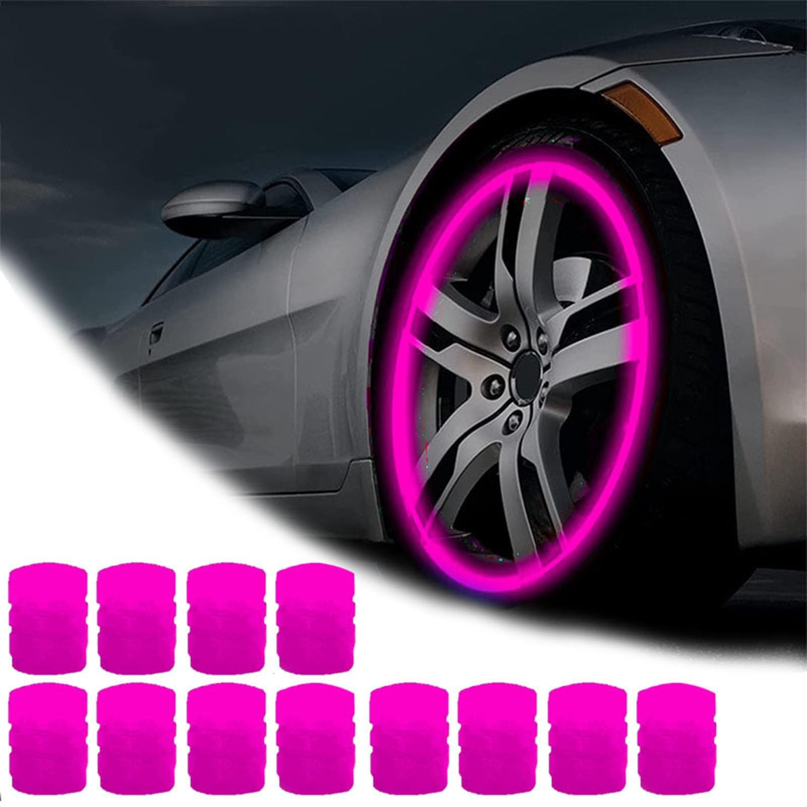 Qosigote Universal Fluorescent Tire Valve Caps, 2025 Upgraded Luminous Night Rider Valve Covers, Glow In The Dark Valve Cap for General Cars Motorbike Trucks Bicycle Decoration (Pink,12PCS) von Qosigote