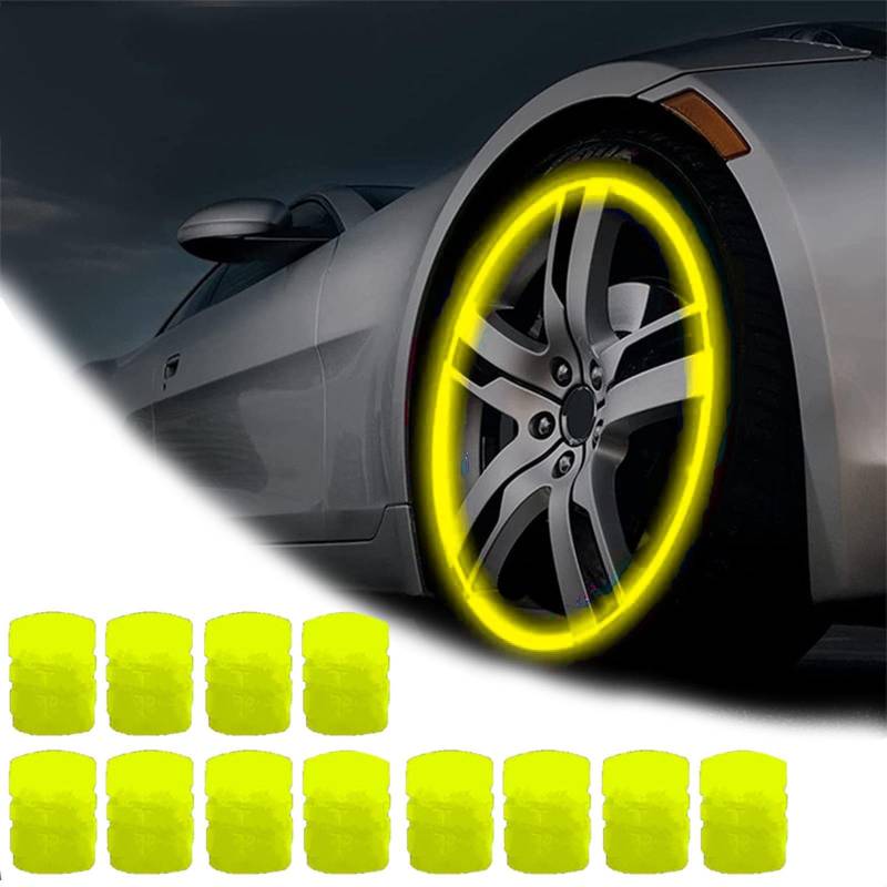 Qosigote Universal Fluorescent Tire Valve Caps, 2025 Upgraded Luminous Night Rider Valve Covers, Glow In The Dark Valve Cap for General Cars Motorbike Trucks Bicycle Decoration (Yellow,12PCS) von Qosigote