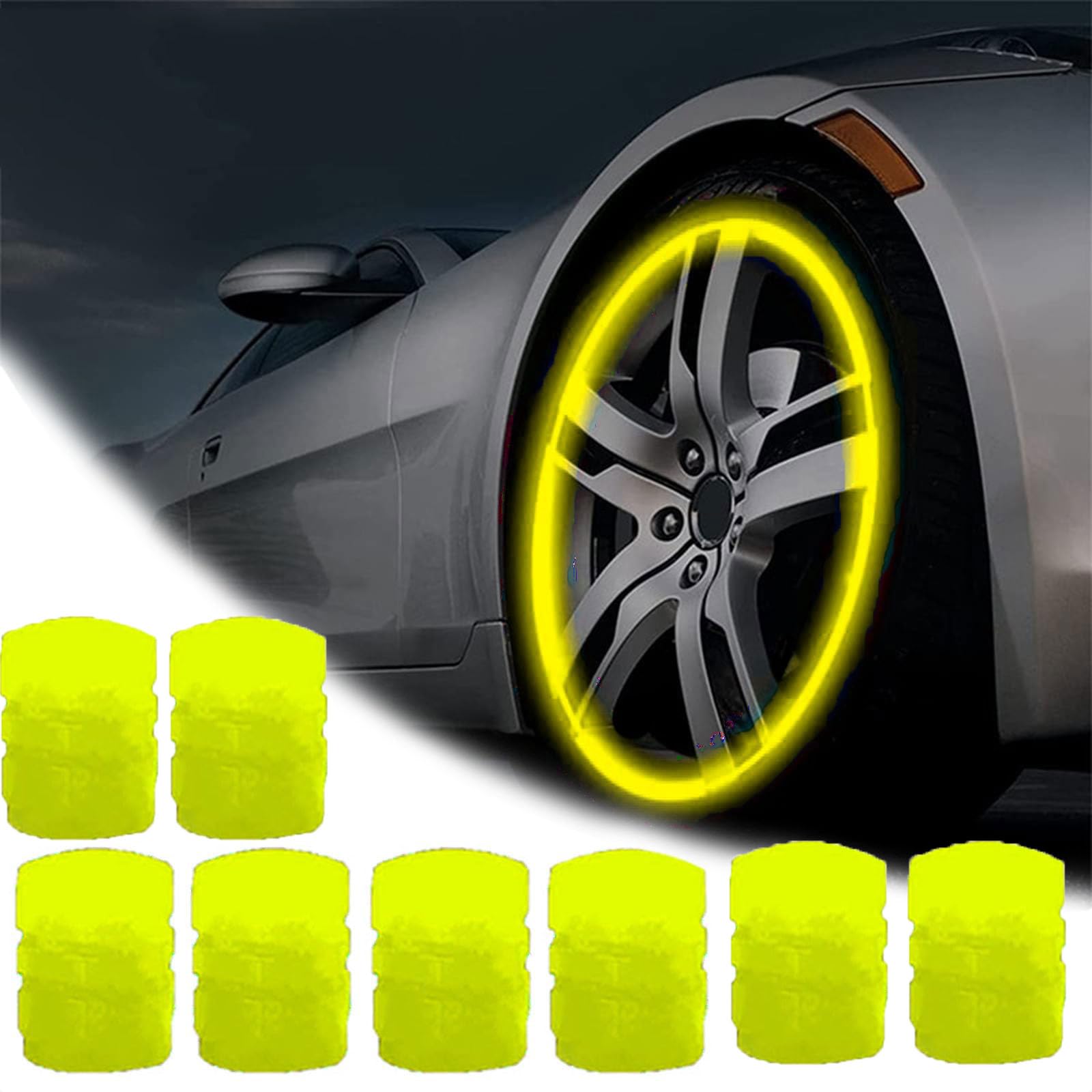 Qosigote Universal Fluorescent Tire Valve Caps, 2025 Upgraded Luminous Night Rider Valve Covers, Glow In The Dark Valve Cap for General Cars Motorbike Trucks Bicycle Decoration (Yellow,8PCS) von Qosigote