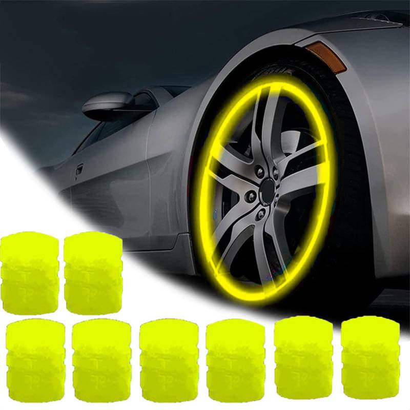 Qosigote Universal Fluorescent Tire Valve Caps, 2025 Upgraded Luminous Night Rider Valve Covers, Glow In The Dark Valve Cap for General Cars Motorbike Trucks Bicycle Decoration (Yellow,8PCS) von Qosigote