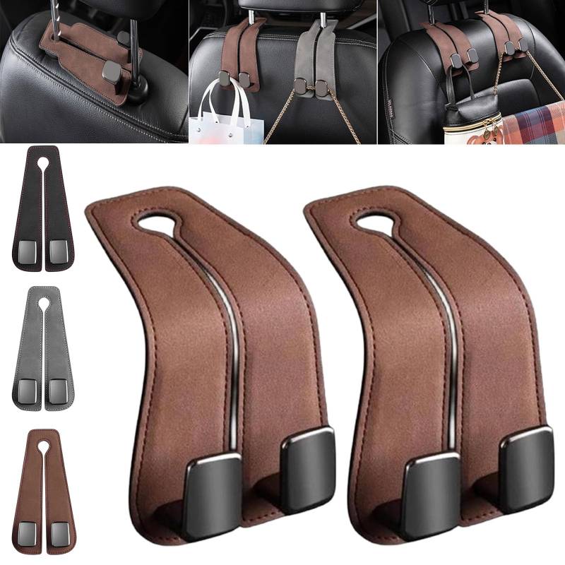 Qosneoun Car Seat Back Double Hook, Doppelhaken für Autositzlehne, Car Hook Seat Back Storage Hook, Leather Double Hook Car Holder Folding Storage, 2 in 1 Purse Hook for Car Seat (2-Brown) von Qosneoun