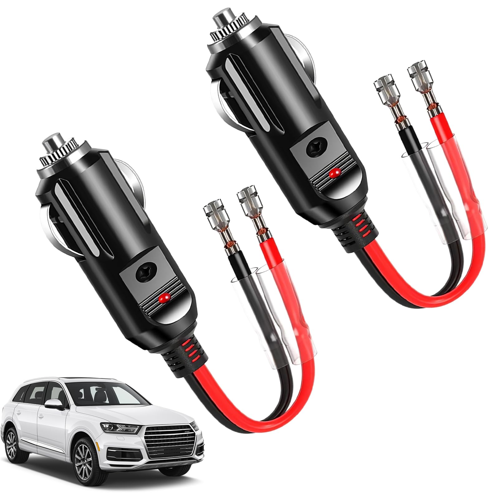 2 x Auto-Zigarettenanzünder-Stecker mit Kabeln, Auto-Ersatz, 12 V, 24 V, Zigarettenanzünder-Stecker, 16 AWG, Verlängerungskabel, Netzadapter für Motorrad, Auto, Traktor von Qtksceadlnce