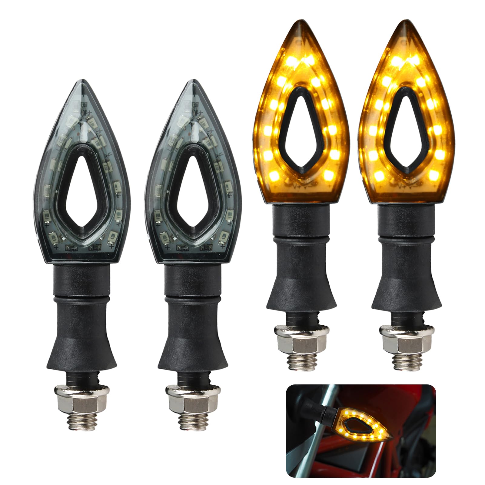 4 Stück Universal 12V LED Motorrad Mini Blinker, Tagfahrlicht Microblinker Miniblinker Bernstein Wasserdicht Lauflichtblinker Vorne Hinten für Street Bike Quad Roller Scooter Moped Motorroller von Qtksceadlnce