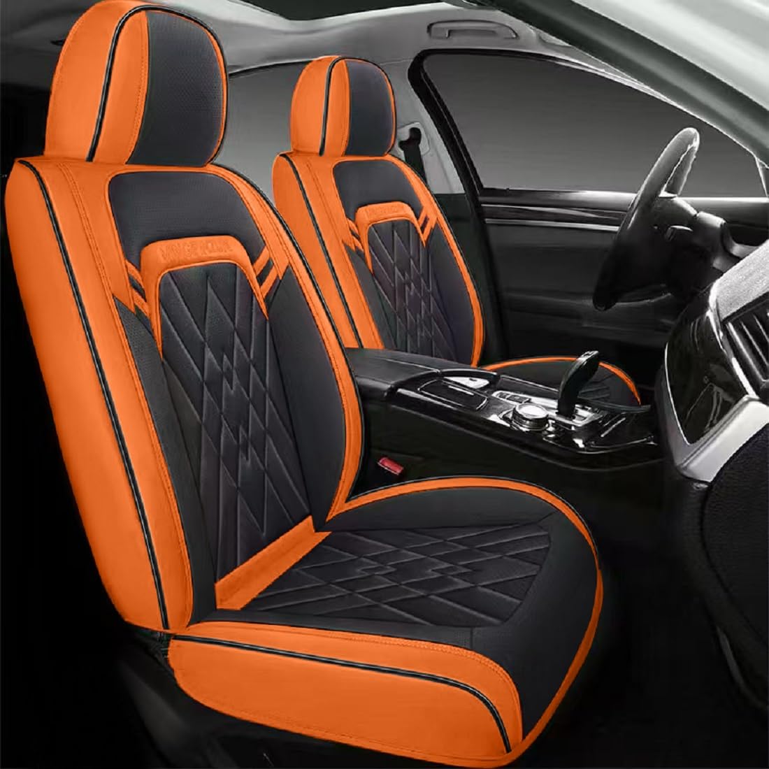 Quiln 02 Sitzbezug aus Leder, 5-Sitzer, universal, geeignet für die meisten Autos, SUVs, Pickup-LKW, Airbag-kompatible Autositzkissenbezüge (Schwarz und Orange) von Quiln