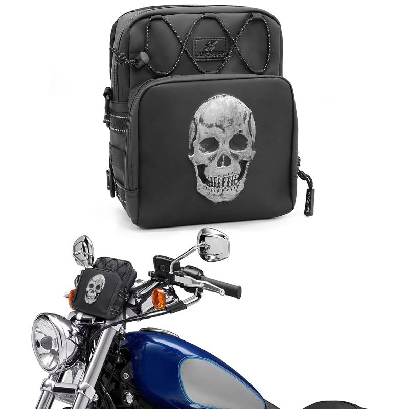 Quixofiber Lenkertasche Motorrad Wasserdicht, Gepäckrolle Motorrad Tasche mit 3D Totenkopf, Sissybar Tasche PU Leder, 10L Satteltaschen für Motorrad für Die Meisten Motorräder Geeignet von Quixofiber