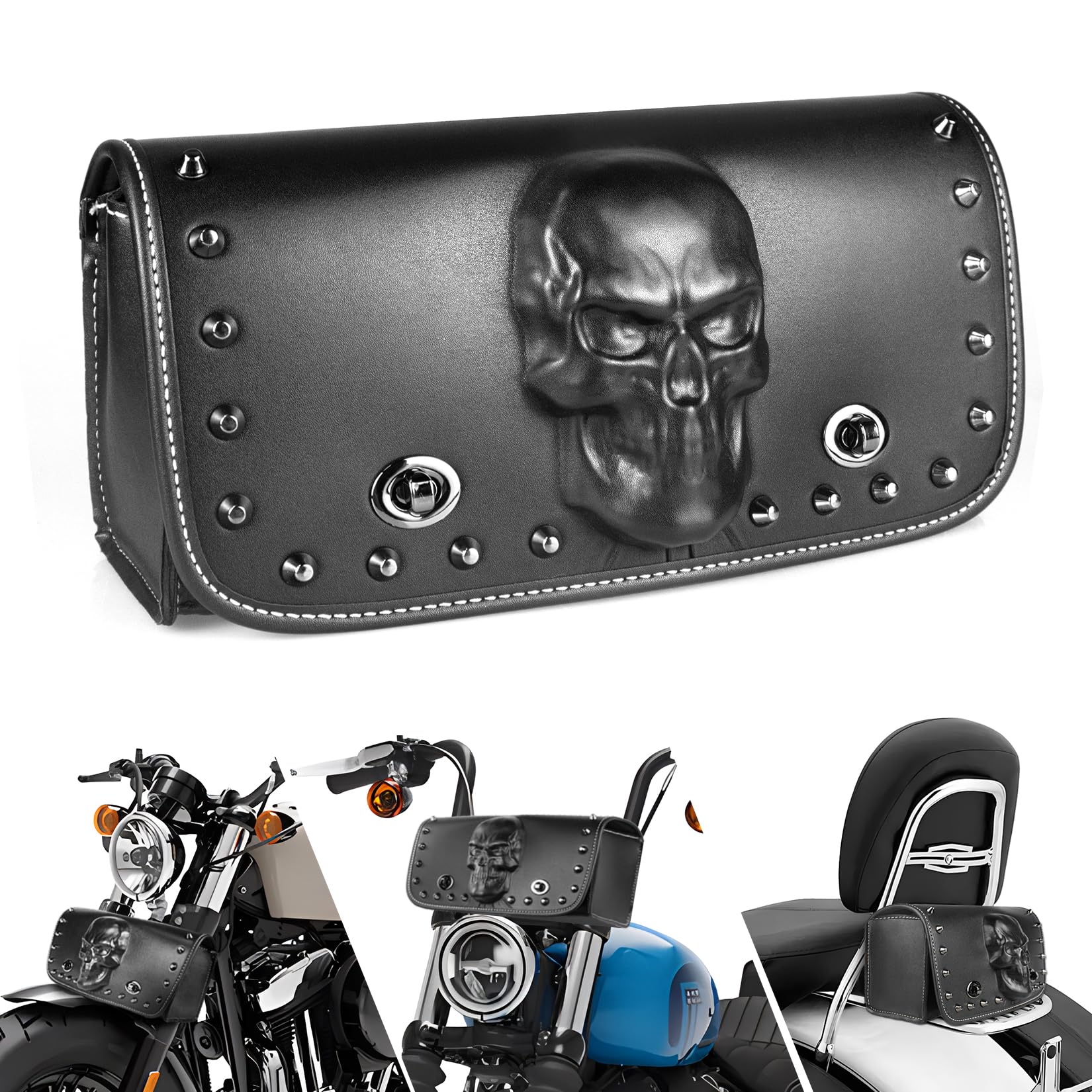 Quixofiber Lenkertasche Motorrad Wasserdicht, Gepäckrolle Motorrad Tasche mit 3D Totenkopf, Sissybar Tasche PU Leder, Satteltaschen für Motorrad mit 2 Verstellbaren Riemen (Schwarz) von Quixofiber