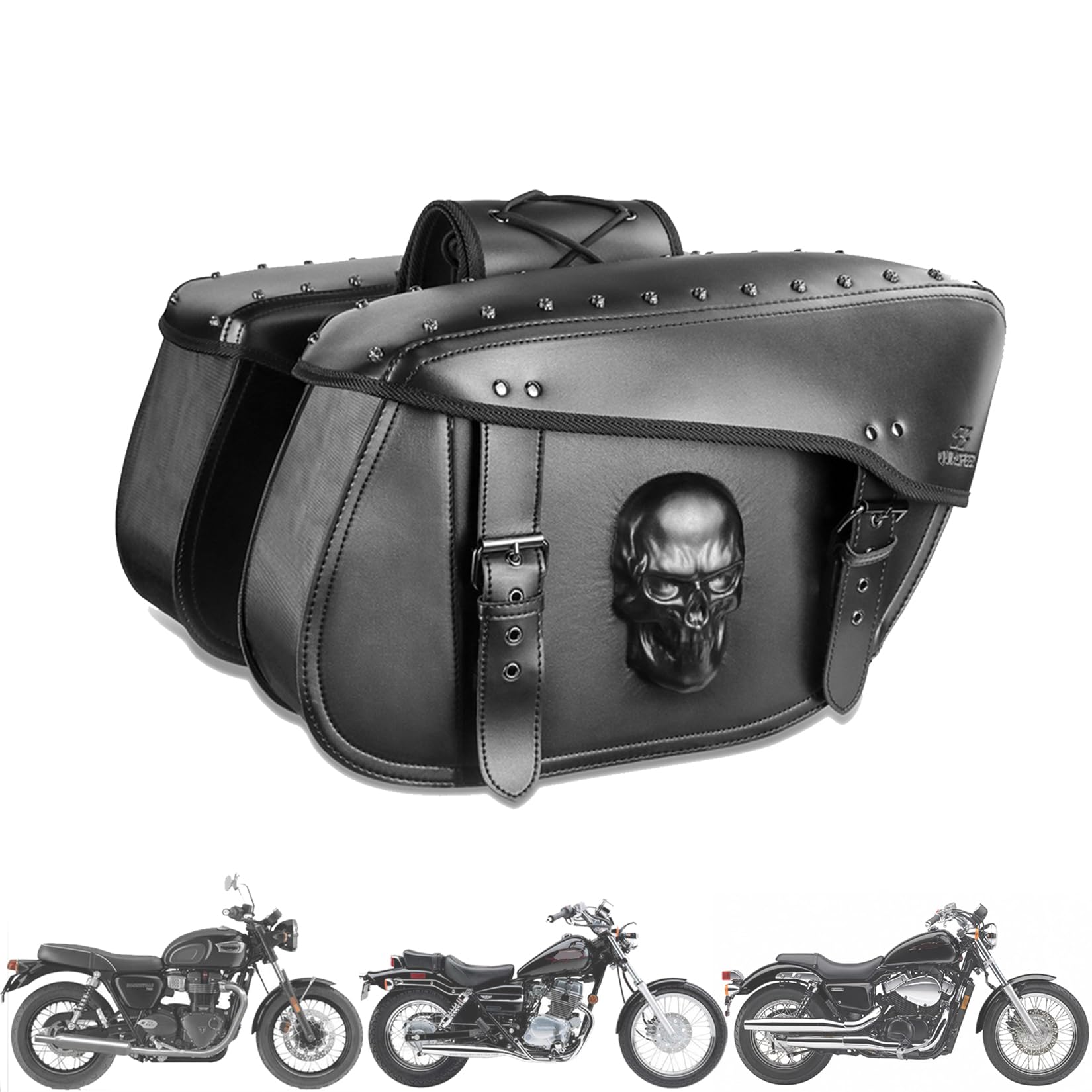 Quixofiber Satteltaschen für Mtorrad mit 3D Totenkopf Motorrad Seitentasche Motorrad Tasche 32L, PU Leder Motorradtaschen Wasserdicht für Honda Harley Yamaha Bobber Sixty Kawasaki (Schwarz) von Quixofiber