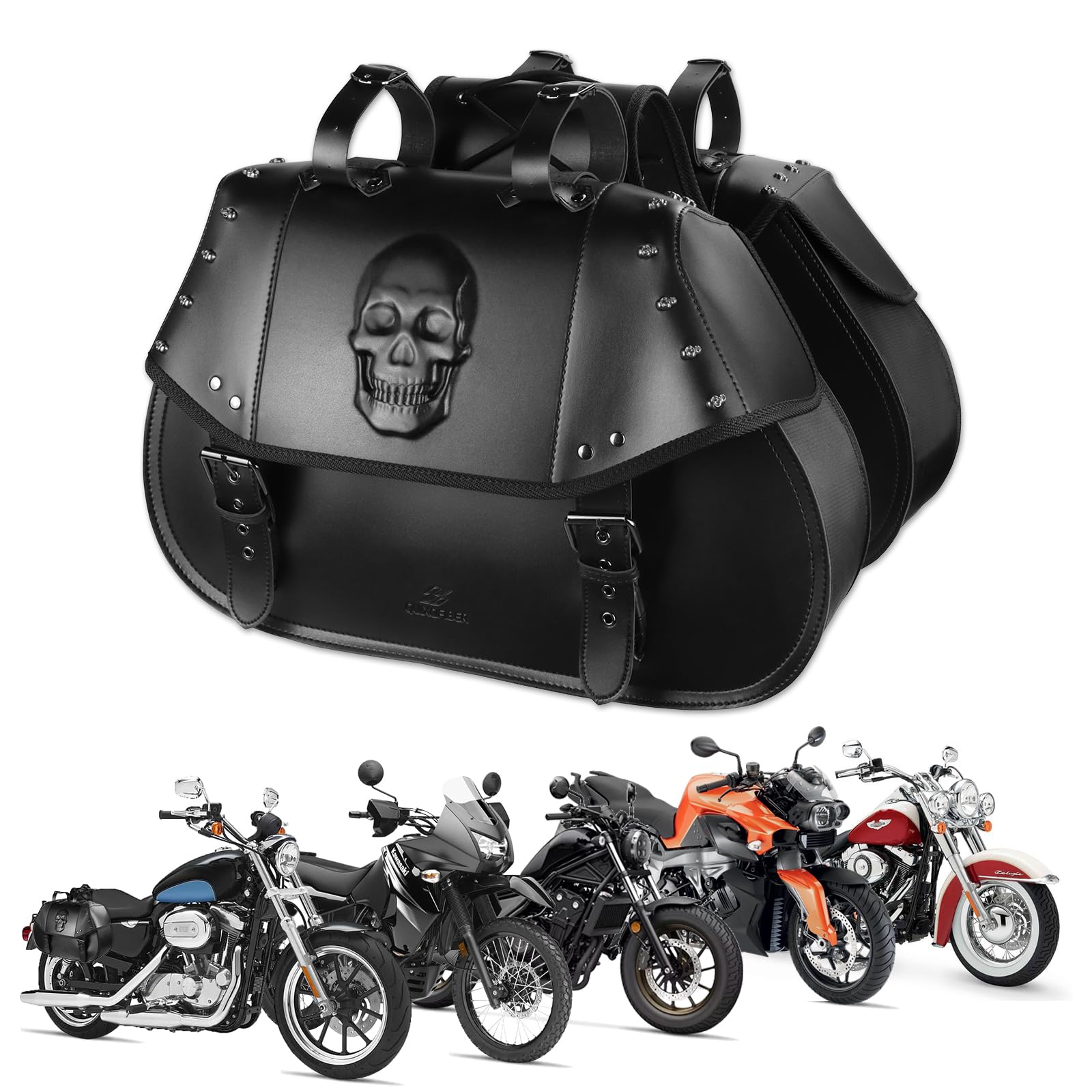 Quixofiber Satteltaschen für Mtorrad mit 3D Totenkopf Motorrad Seitentasche Motorrad Tasche 34L, PU Leder Motorradtaschen Wasserdicht für Honda Harley Yamaha Bobber Sixty Kawasaki (Schwarz) von Quixofiber