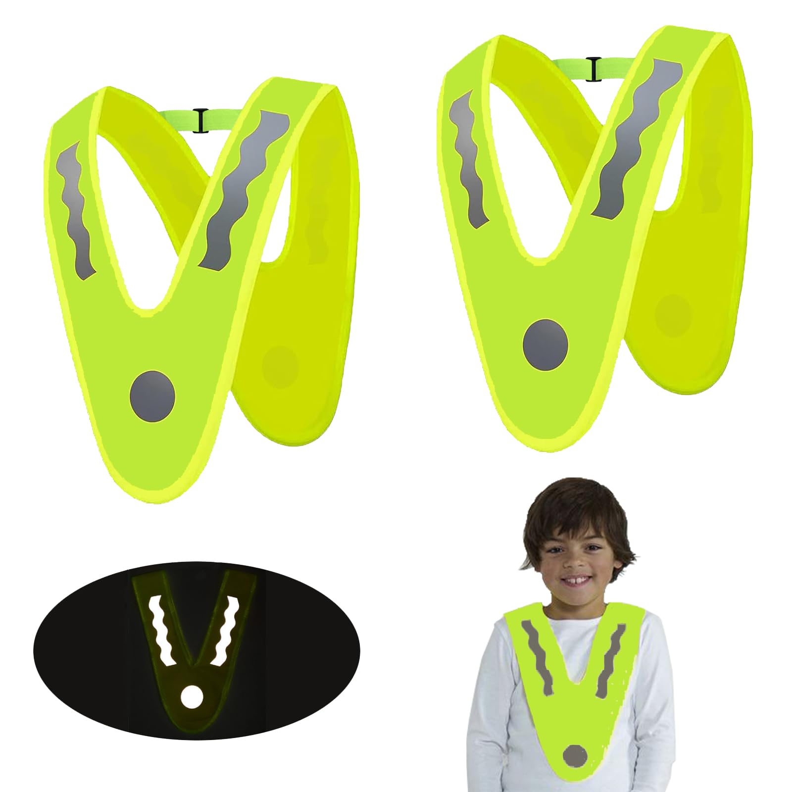 Quixotical 2 Stück V-Form Reflektorweste Kinder, Leichte Warnwesten Kinderm, Sicherheitsweste Kinder mit Elastischemband, V-Form Signalkragen Reflektorweste, für Sport, Laufen, Fahrrad von Quixotical