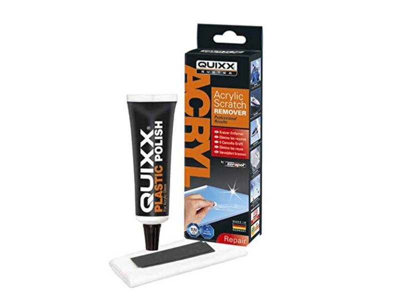 Quixx 2019 Acryl-Kratzentferner für alle Arten von Acryl und Kunststoff, 50 g Polierung, 1 Tuch, 2 Schleifpapiere von Quixx