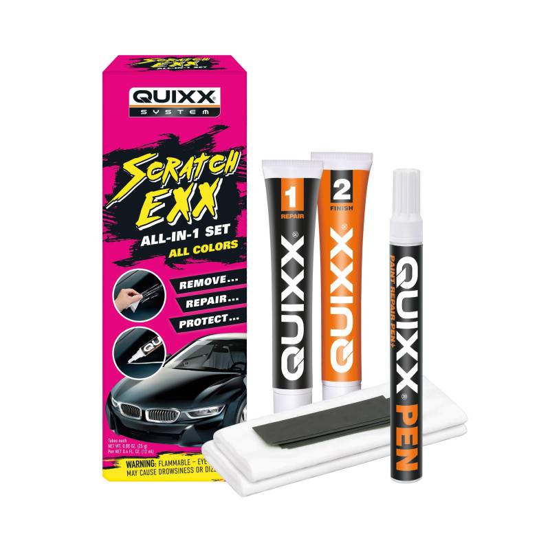 Quixx Scratch Exx, Lack-Kratzer-Entferner, beseitigt kleinere Schrammen, Kratzer und Farbspuren aus Glanz- und Metallic-Lacken, schnell, effektiv und zuverlässig von Quixx