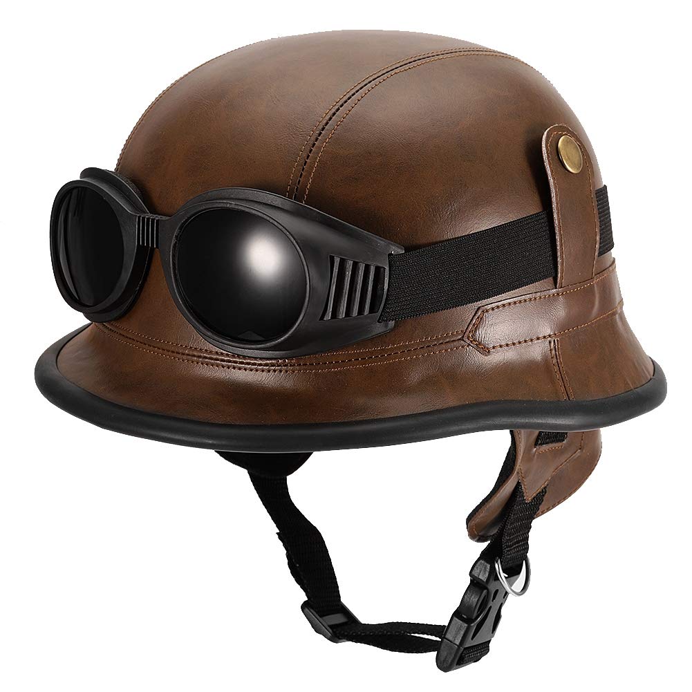 Qukaim Helm Vintage Braun Motorradhelm - Schutzhelm für Damen und Herren - Inklusive Brille - Verstellbare Passform - Leichtes Design - Größe M von Qukaim