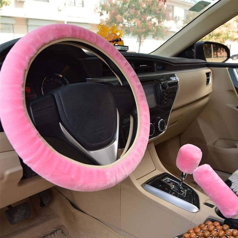 3 Stück Lenkradbezug Plüsch, Auto Lenkradbezug Winter, Auto Lenkradhülle Anti Rutsch Warme Plüsch Teleskop Lenkrad Abdeckung Handbremse Getriebe Abdeckung für Auto Zubehör - 38cm (Rosa) von Qunkun