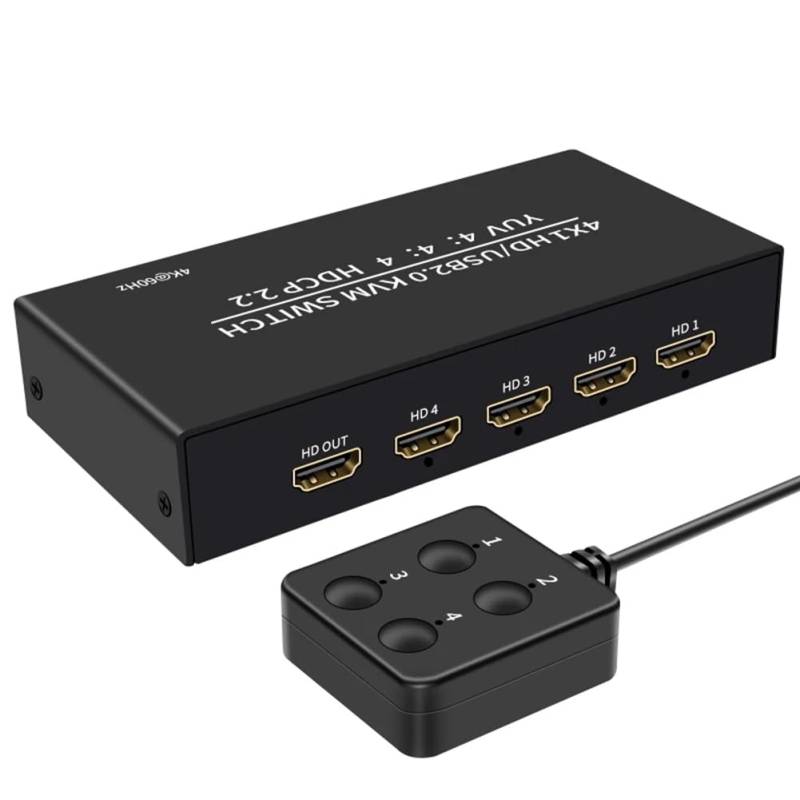 Qussedser 4K 60Hz -Kompatibler USB-KVM-Umschalter Selector 4 in 1 Out für 4 Stück Gemeinsam Nutzen Monitor Maus Tastatur 4-Port USB HDCP2.2 von Qussedser