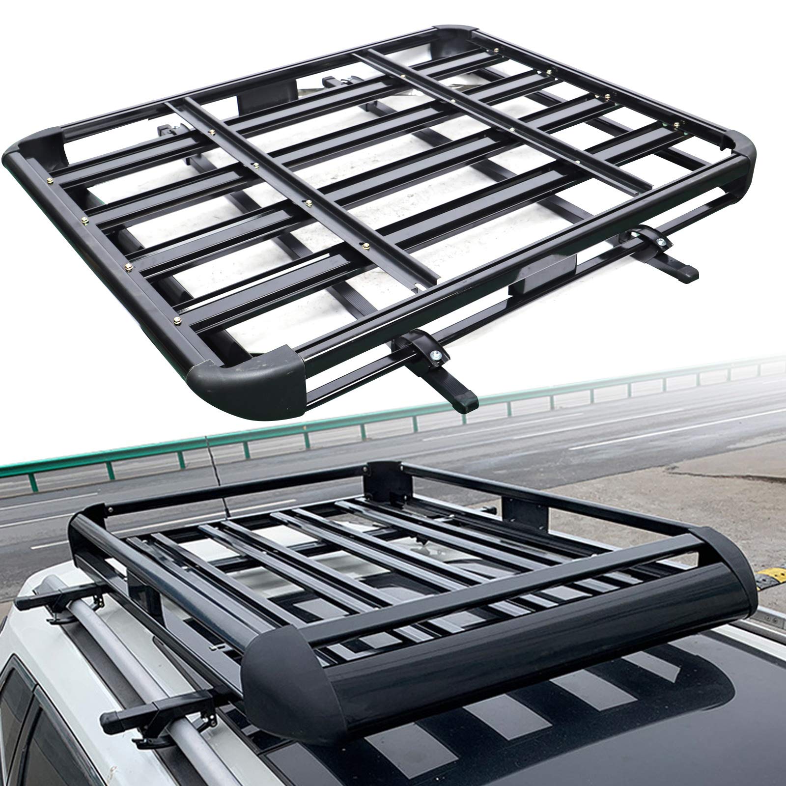 Aluminium Dachgepäckträger Korb, Universal Auto Dachgepäckträger SUV Gepäckkorb Wanne Gepäck Fracht Relingträger Alu Schwarz Roof Rack 68kg Belastung von Qussse