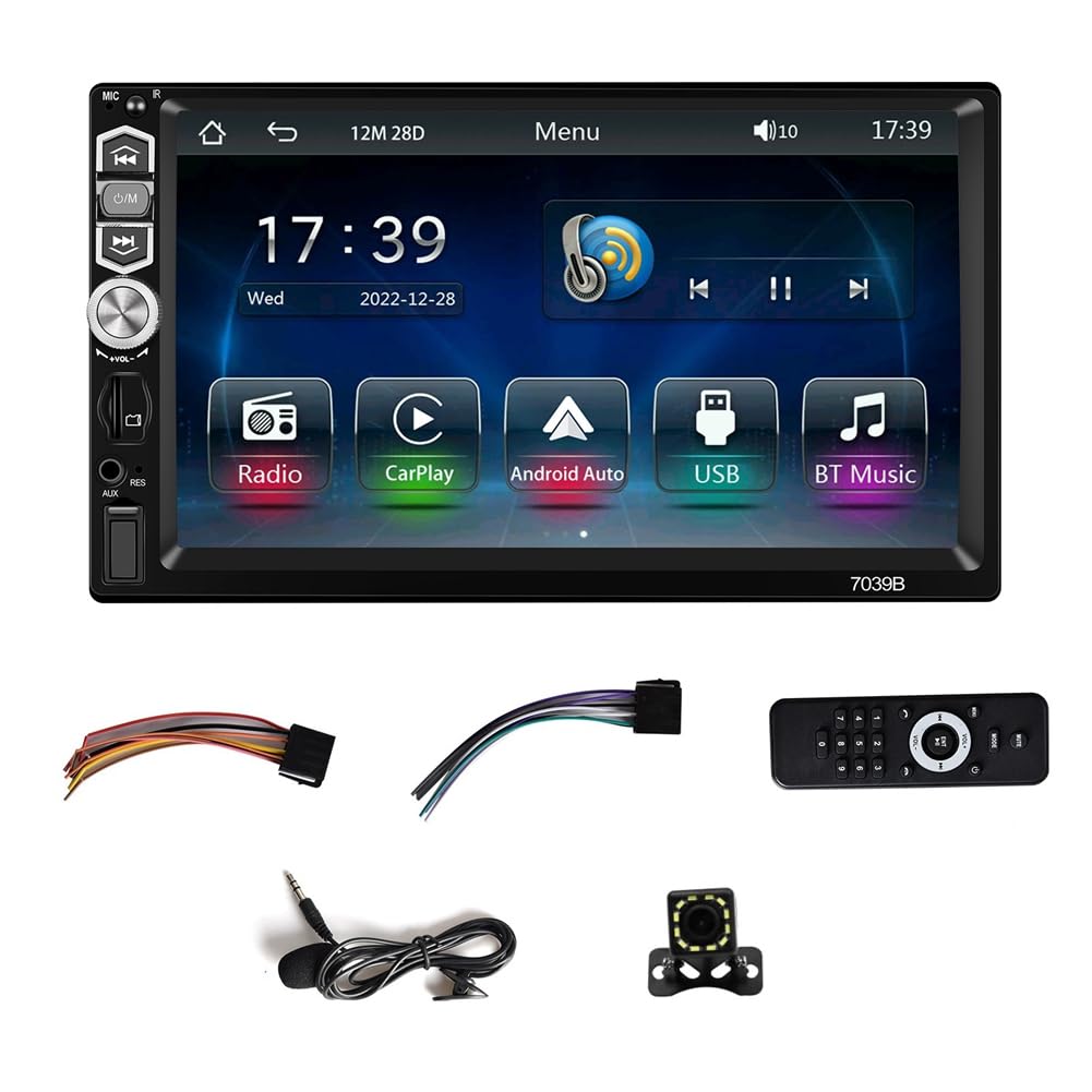 Qyrugcxs Einzel-Din-Autoradio, Carplay, Android-Autoradio, 7-Touchscreen-Radio, Mirror Link/Bluetooth/UKW-Radio/Rückfahrkamera + Mikrofon von Qyrugcxs