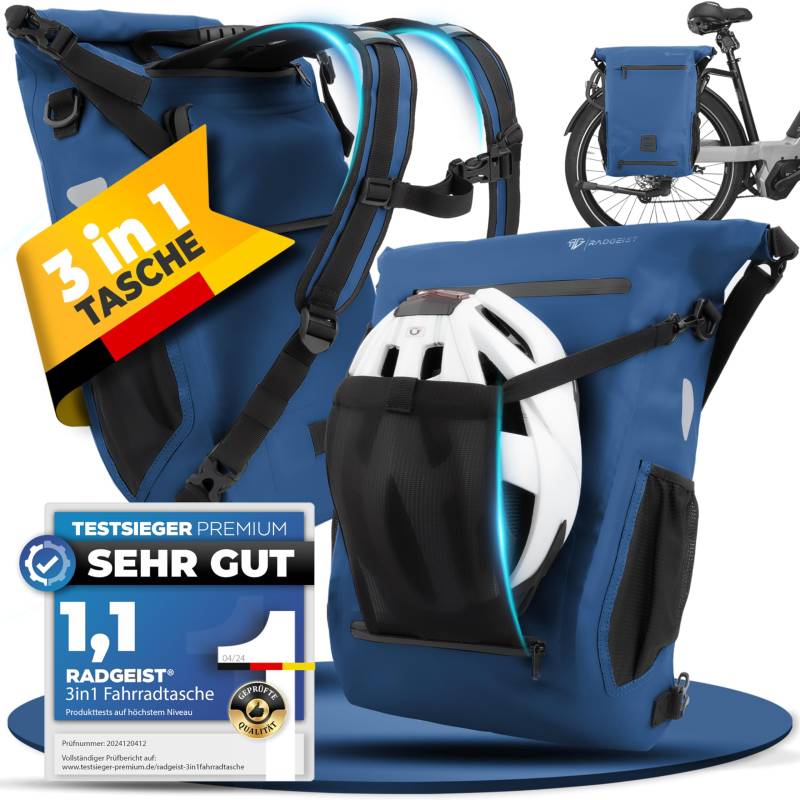 RADGEIST 3in1 Fahrradtasche für Gepäckträger I Gepäckträgertasche, Rucksack & Umhängetasche 18-22L I Tasche für Fahrrad 100% wasserdicht Blau von RADGEIST