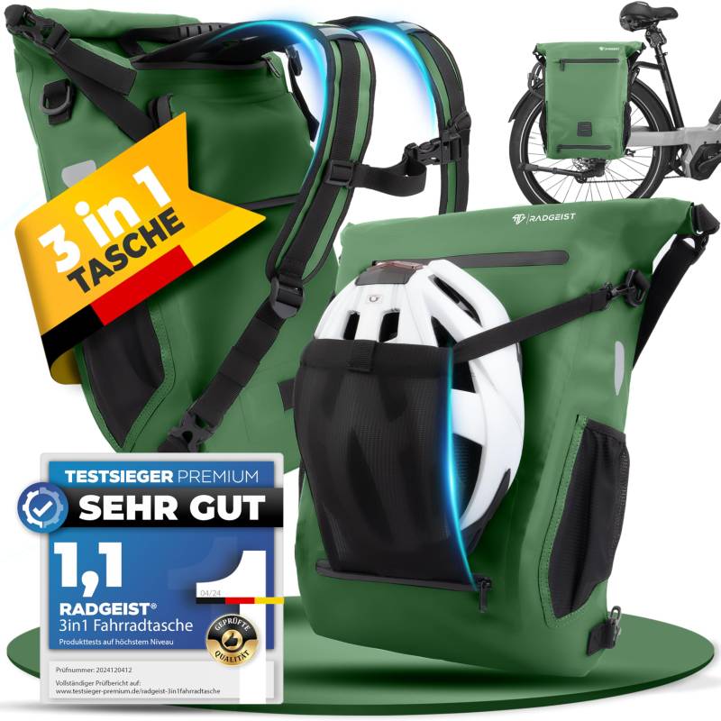 RADGEIST 3in1 Fahrradtasche für Gepäckträger I Gepäckträgertasche, Rucksack & Umhängetasche 18-22L I Tasche für Fahrrad 100% wasserdicht Grün von RADGEIST