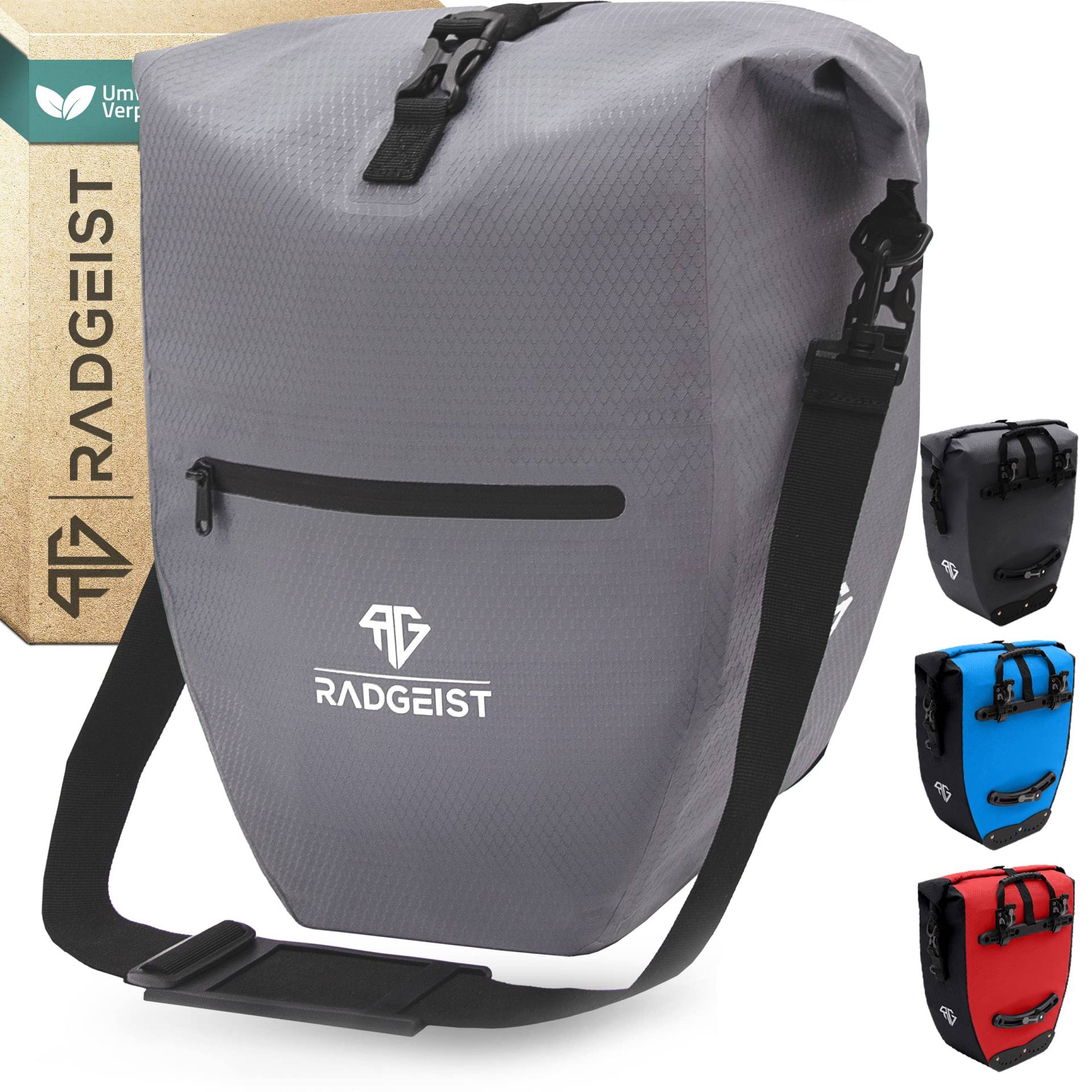 RADGEIST Fahrradtasche für Gepäckträger - Fahrrad - Gepäckträgertasche - Umhängetasche - wasserdicht- 23-28L grau 1 STK. von RADGEIST