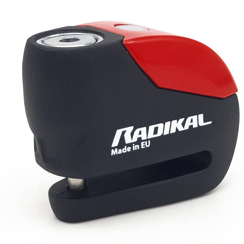 RADIKAL RK9 Bremsscheibenschloss mit Alarm 120dB Premium mit Warnung, Optionale Aktivierung, LED-Licht, Komplett Metall, Motorradschloss Alarmanlage Diebstahlsicherung Motorrad Roller Ebike, 6mm Rot von RADIKAL